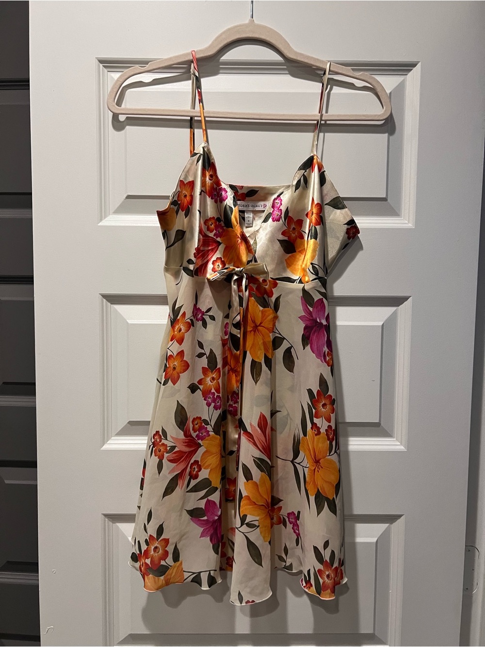 Floral Satin Tie-Front Slip Top - Cream with Yellow & Magenta Flowers